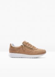 Sneakersy skórzane. Brązowe obuwie sportowe casual damskie bonprix, ze skóry, bez zapięcia. Za 147.99 zł.