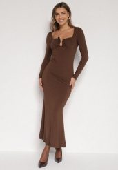 Brązowa Koktajlowa Sukienka z Wiskozą i Metaliczną Ozdobą Refare. Brązowe sukienki damskie Born2be, z aplikacjami, z wiskozy, eleganckie, bez ramiączek. Za 129.99 zł.