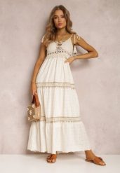 Jasnobeżowa Sukienka Ianina. Brązowe sukienki damskie Renee, bez wzorów, z bawełny, eleganckie, bez ramiączek. W wyprzedaży za 175.99 zł.