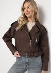 Brązowa Kurtka Ramoneska z Ozdobnym Paskiem Sesanoria. Brązowe kurtki damskie Born2be, xl, bez wzorów, z jeansu, bez kaptura. Za 239.99 zł.