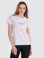 4F T-shirt regular z nadrukiem damski - szary XS. Szare koszulki sportowe damskie 4F, uniwersalny, bez wzorów, z bawełny, bez ramiączek. W wyprzedaży za 39.99 zł.