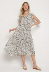 Beżowo-Granatowa Bawełniana Sukienka o Rozkloszowanym Kroju z Falbanami i Dekoltem w Serek Ifforine. Brązowe sukienki damskie Born2be, bez wzorów, z bawełny, eleganckie, bez ramiączek. Za 49.99 zł.