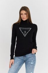 GUESS Czarny damski golf Piper Triangle z dużym logo. Czarne golfy damskie Guess, s, z aplikacjami, z elastanu, bez ramiączek. W wyprzedaży za 265.99 zł.
