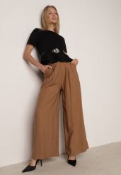 Brązowe Szerokie Spodnie Wiskozowe w Garniturowym Stylu z Paskiem Qera. Brązowe spodnie materiałowe damskie Born2be, bez wzorów, z jeansu. Za 129.99 zł.