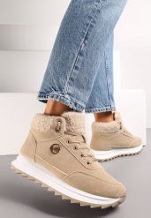 Ciemnobeżowe Zimowe Sneakersy ze Sztucznym Futerkiem Turelia. Brązowe obuwie sportowe damskie Renee, na zimę, z dzianiny, bez zapięcia. Za 84.99 zł.