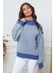 So Cachemire Sweter "Calinia" w kolorze niebiesko-białym rozmiar: L. Niebieskie swetry klasyczne damskie So Cachemire, l, z wełny, bez kołnierzyka. Za 227.31 zł.