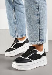 Czarno-Białe Sneakersy na Grubej Podeszwie Ozdobione Tłoczeniem Nalliera. Czarne obuwie sportowe damskie Born2be, z jeansu, bez zapięcia. Za 99.99 zł.