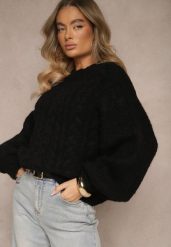 Czarny Sweter z Wełną o Eleganckim Warkoczowym Splotem Makkaria. Czarne swetry klasyczne damskie Renee, na jesień, z jeansu, bez kołnierzyka. Za 139.99 zł.