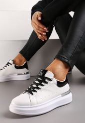 Biało-Czarne Sneakersy z Brokatowymi Sznurowadłami i Metaliczną Wstawką na Platformie Vuriama. Białe obuwie sportowe damskie Renee, bez zapięcia. Za 74.99 zł.