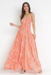 Pomarańczowa Rozkloszowana Sukienka Maxi z Wiązaniem na Szyi Inabella. Brązowe sukienki damskie Born2be, z aplikacjami, z bawełny, bez ramiączek. Za 119.99 zł.