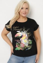 Czarny T-shirt z Bawełny z Nadrukiem i Metalicznym Napisem Norsemi. Czarne t-shirty damskie Born2be, xl, bez wzorów, z bawełny, bez kołnierzyka. Za 34.99 zł.