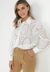 Biała Koszula Koronkowa Coillie. Białe koszule damskie Born2be, m, bez wzorów, z koronki, klasyczne, bez kołnierzyka, bez ramiączek. Za 159.99 zł.