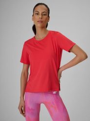 4F Koszulka treningowa loose szybkoschnąca damska - koralowa L. Czerwone bluzki damskie 4F, l, bez wzorów, z materiału, klasyczne, bez kołnierzyka, bez ramiączek. Za 79.99 zł.