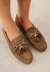 Ciemnobeżowe Mokasyny VICES z Modnymi Chwostami z Imitacji Zamszu z Wkładką z Naturalnej Skóry Calirea. Brązowe mokasyny damskie Born2be, z jeansu, bez obcasa. Za 89.99 zł.