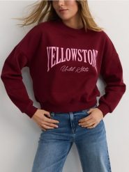 Bluza oversize z nadrukiem - bordowy. Czerwone bluzy damskie Reserved, l, bez wzorów, z bawełny, bez kaptura. W wyprzedaży za 49.99 zł.