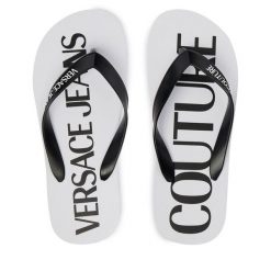 Japonki Versace Jeans Couture. Białe klapki damskie Versace Jeans Couture, bez wzorów, z jeansu, bez obcasa, bez zapięcia. Za 249.99 zł.