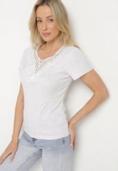 Jasnoszary T-shirt z Bawełny Ozdobiony Koronką Parilne. Szare t-shirty damskie Born2be, s, bez wzorów, z bawełny, bez kołnierzyka. Za 34.99 zł.