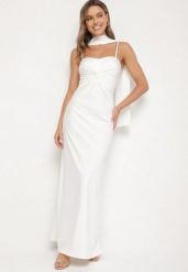 Biała Taliowana Sukienka Ozdobiona Szalem i Marszczeniem Melovea. Białe sukienki damskie Born2be, bez wzorów, eleganckie, bez ramiączek. Za 139.99 zł.