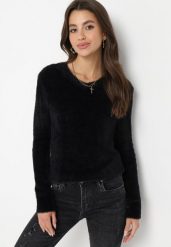 Czarny Puchaty Sweter z Dekoltem V Kerriyah. Czarne swetry klasyczne damskie Born2be, s, bez kołnierzyka. Za 59.99 zł.