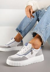 Biało-Szare Sneakersy ze Skóry Naturalnej z Ozdobnym Suwakiem Tilliraya. Białe obuwie sportowe damskie Renee, ze skóry, bez zapięcia. Za 169.99 zł.