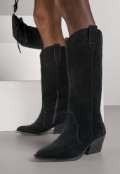 Czarne Kozaki Typu Kowbojki na Stożku z Naturalnego Zamszu Adeora. Czarne kozaki damskie Renee, z jeansu, bez obcasa, na obcasie, bez zapięcia. Za 299.99 zł.
