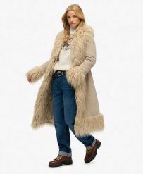 Superdry Długi płaszcz Afghan Slim sztruks - TAUPE. Brązowe płaszcze damskie Superdry, bez wzorów, ze sztruksu, bez kaptura. Za 670.85 zł.