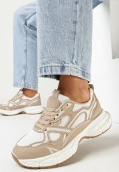 Ciemnobeżowe Sznurowane Sneakersy z Siateczkowymi Wstawkami Hanrietta. Brązowe obuwie sportowe casual damskie Born2be, z jeansu, bez zapięcia. Za 119.99 zł.