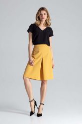 Musztardowa Midi Spódnica w Kształcie Litery A z Kontrafałdą. Brązowe spódnice damskie Figl, xl, bez wzorów, z materiału, midi. Za 199.00 zł.