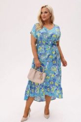 Asymetryczna sukienka Kiara MIDI z wiązaniem i falbanką - Blue Breeze PLUS SIZE XXL OVERSIZE. Niebieskie sukienki damskie Moda Size Plus Iwanek, bez wzorów, z materiału, eleganckie, bez ramiączek. W wyprzedaży za 263.90 zł.