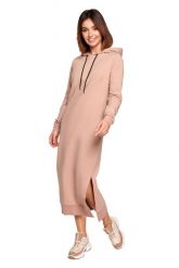 Sportowa Midi Sukienka z Kapturem - Mocca. Białe sukienki damskie MOE, bez wzorów, z bawełny, sportowe, bez ramiączek. Za 314.90 zł.