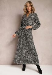 Czarna Rozkloszowana Sukienka Maxi z Kopertowym Dekoltem i Paskiem Gelinna. Czarne sukienki damskie Renee, z aplikacjami, z materiału, bez ramiączek. W wyprzedaży za 55.99 zł.
