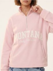 Polarowa bluza half-zip z napisem - różowy. Czerwone bluzy damskie Sinsay, l, bez wzorów, z polaru, bez kaptura. Za 59.99 zł.