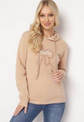 Beżowa Polarowa Bluza z Kapturem i Ściągaczami Ozdobiona Nadrukiem Mleza. Brązowe bluzy damskie Born2be, l, bez wzorów, z polaru, z kapturem. Za 84.99 zł.