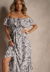 Ciemnoszara Kwiatowa Sukienka Typu Hiszpanka z Bawełną Tiarice. Szare sukienki damskie Renee, bez wzorów, z bawełny, eleganckie, bez ramiączek. W wyprzedaży za 63.99 zł.
