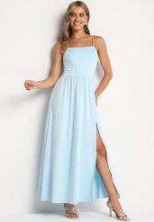 Jasnoniebieska Sukienka Maxi na Ramiączkach z Rozcięciem na Dole i Kwadratowym Dekoltem Jacklyn. Niebieskie sukienki damskie Born2be, bez wzorów, bez ramiączek. Za 149.99 zł.