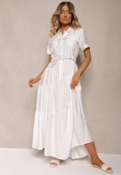Biała Rozkloszowana Sukienka z Paskiem w Talii Vimalise. Białe sukienki damskie Renee, bez wzorów, eleganckie, bez ramiączek. W wyprzedaży za 135.99 zł.