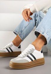 Biało-Czarne Sneakersy w Stylu Tenisówki z Paskami Hirnelia. Białe obuwie sportowe damskie Renee, z jeansu, bez zapięcia, tenisowe. Za 79.99 zł.