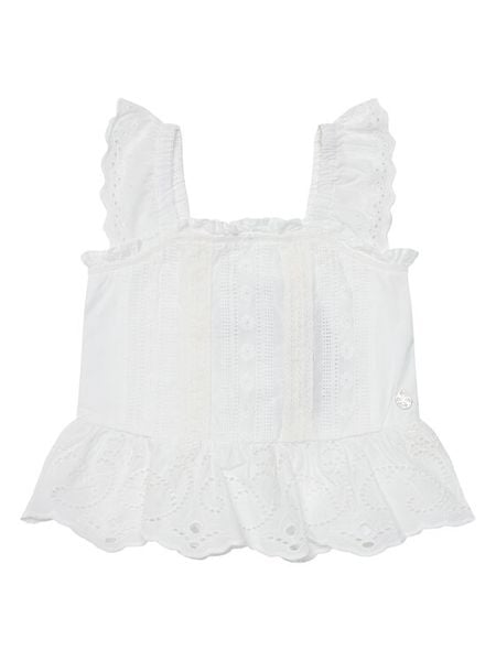 Guess Top J5GH14 WBHO0 Biały Regular Fit. Białe koszulki i t-shirty dziewczęce Guess, z aplikacjami, z bawełny, bez kołnierzyka, bez ramiączek. Za 149.99 zł.