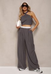 Szare Spodnie z Wiskozy Palazzo High Waist Zapinane na Suwak Nellieva. Szare spodnie materiałowe damskie Renee, bez wzorów, z jeansu. Za 139.99 zł.