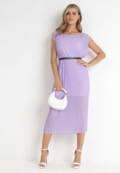 Fioletowa Plisowana Sukienka Midi z Paskiem z Imitacji Skóry Sharia. Fioletowe sukienki damskie Born2be, bez wzorów, ze skóry, eleganckie, bez ramiączek. Za 169.99 zł.