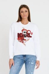 KARL LAGERFELD Biała bluza ikonik lny. Białe bluzy damskie KARL LAGERFELD, xs, bez wzorów, bez kaptura. W wyprzedaży za 599.99 zł.