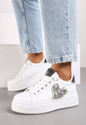 Biało-Srebrne Sneakersy na Platformie z Metaliczną Naszywką z Cyrkoniami Remira. Białe obuwie sportowe damskie Born2be, z jeansu, bez zapięcia, trekkingowe. Za 109.99 zł.