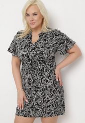 Czarno-Biała Sukienka Rozkloszowana ze Sznurkiem w Talii w Drobny Print Ikattia. Czarne sukienki damskie Born2be, bez wzorów, z materiału, bez ramiączek. Za 69.99 zł.