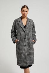 Płaszcz oversize w kratę czarny. Czarne płaszcze damskie MOODO, l, bez wzorów, z poliesteru, bez kaptura. W wyprzedaży za 127.99 zł.