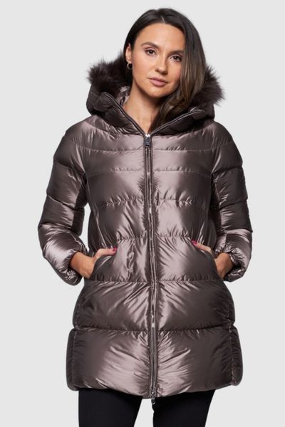 HETREGO Taupe damska długa kurtka puchowa Hanna z lisem, Rozmiar 36 EU - 40 IT. Szare kurtki damskie HETREGO, s, bez wzorów, z nylonu, bez kaptura. W wyprzedaży za 1,459.99 zł.