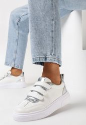 Biało-Srebrne Sneakersy z Rzepami z Brokatową i Metaliczną Wstawką Faena. Białe obuwie sportowe damskie Born2be, bez zapięcia. Za 89.99 zł.
