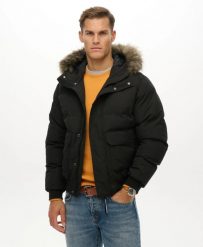 Superdry Everest Hooded Puffer Bomber Jacket — Pikowana kurtka z kapturem, Jet. Czarne kurtki damskie Superdry, m, bez wzorów, z elastanu, z kapturem. Za 774.50 zł.