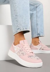 Różowe Sneakersy z Siateczkowymi Wstawkami z Haftem Naloriva. Czerwone obuwie sportowe damskie Born2be, z jeansu, bez zapięcia. Za 79.99 zł.