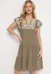 Zielona Sukienka z Haftami w Stylu Boho z Bawełny Evitel. Zielone sukienki damskie Born2be, z aplikacjami, z bawełny, boho, bez ramiączek. Za 139.99 zł.