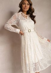 Jasnobeżowa Haftowana Sukienka Midi z Paskiem Binaela. Brązowe sukienki damskie Renee, bez wzorów, z tkaniny, eleganckie, bez ramiączek. W wyprzedaży za 152.99 zł.
